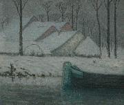 William Degouwe de Nuncques Snowy landscape with barge USA oil painting artist